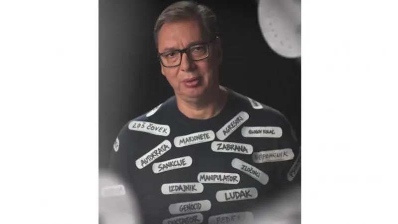 Vučić appears in campaign video plastered with insulting labels — standing firm against the slander